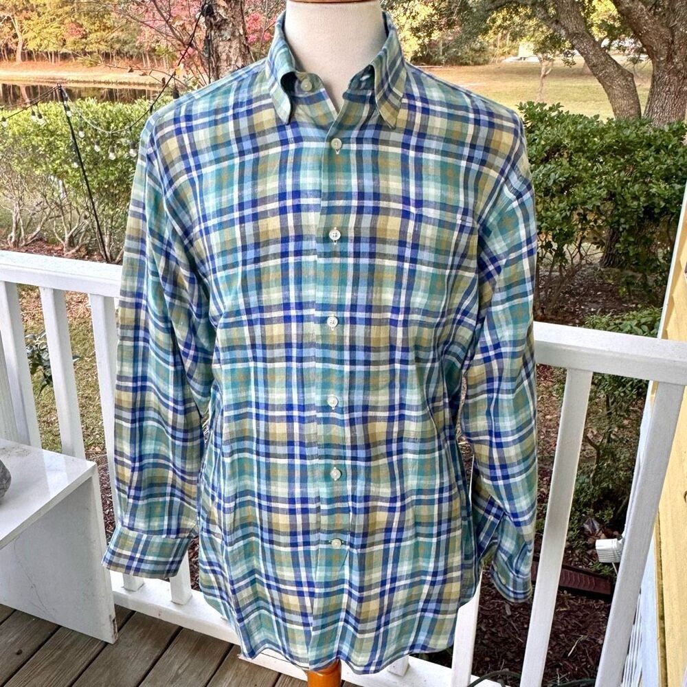 Robert Talbott Carmel Plaid Linen Shirt. Large.